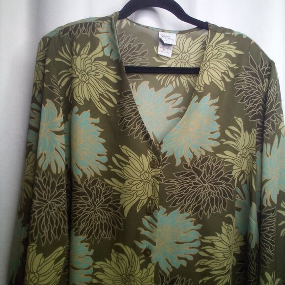 Giorgio Fiorlini Blouse Plus Collection 22 24 Button Up Long Sleeve Floral Green - Picture 8 of 16